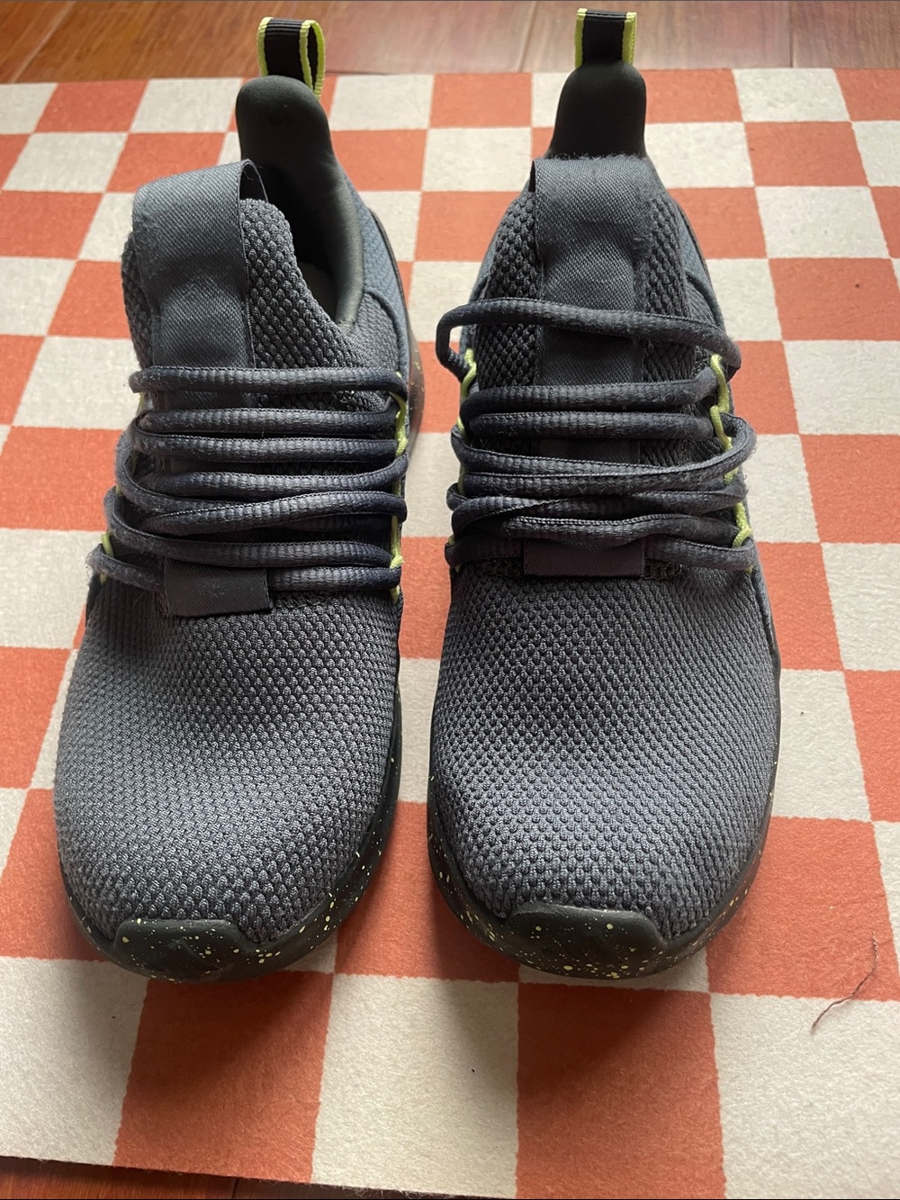 adidas Men's Dark Gray Knit Sneakers with Yellow Accents